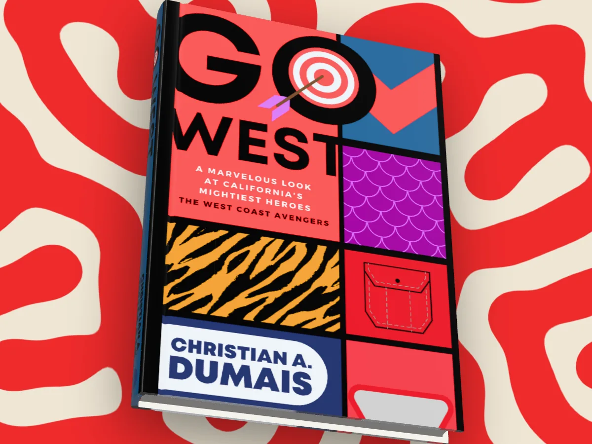 Go West by Christian A. Dumais as a 3D hardback seen from above on a red and cream maze pattern