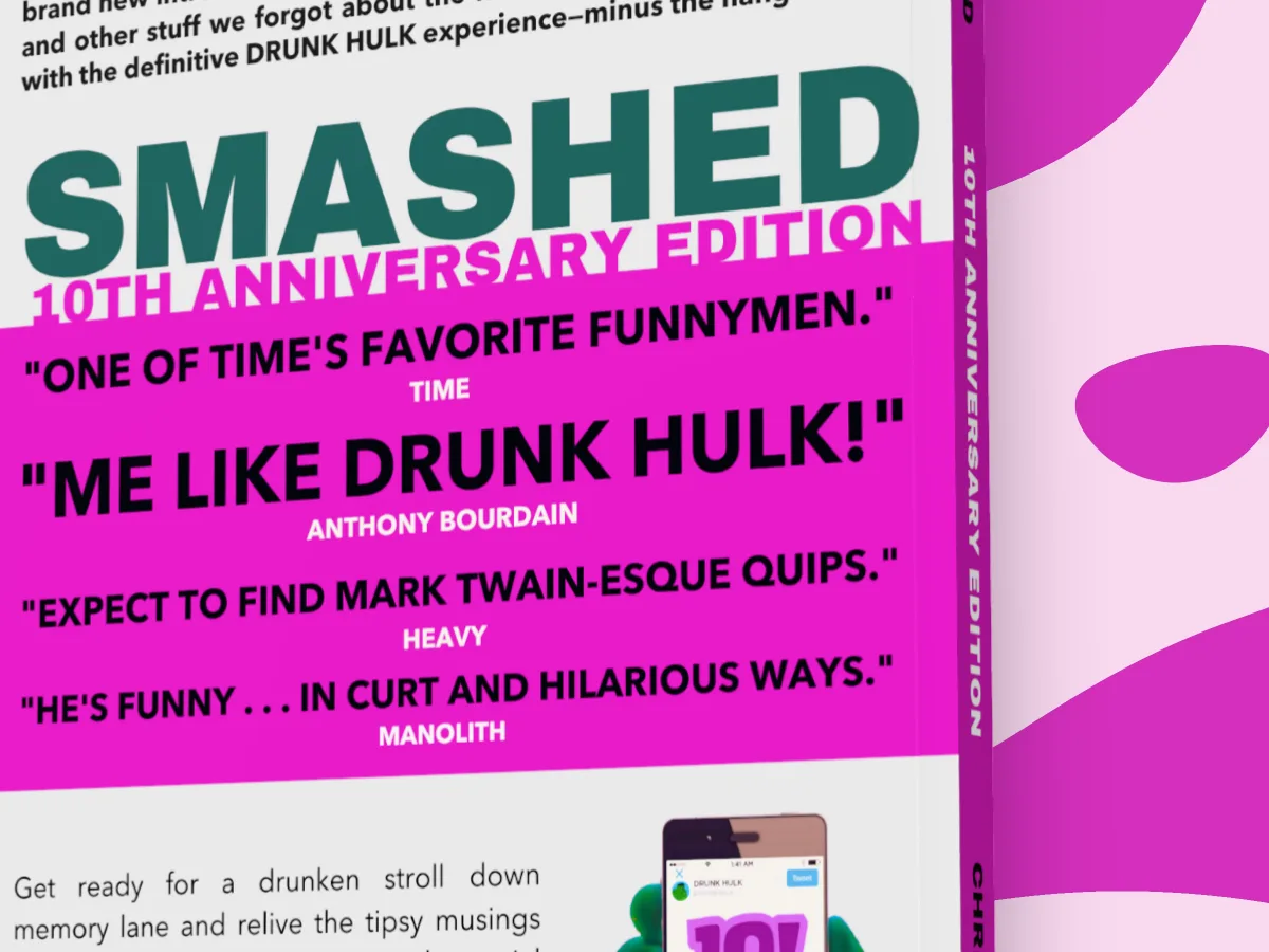 A close crop of the back cover of Smashed, its quotes and blurb running off the edge of the picture, on a pink poured pattern