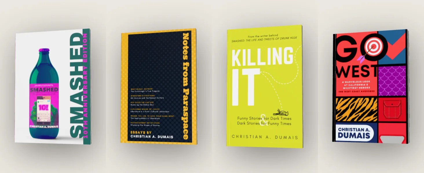 Four of Christian A. Dumais's books in a row as 3D paperbacks on a cream background, 1464 by 600