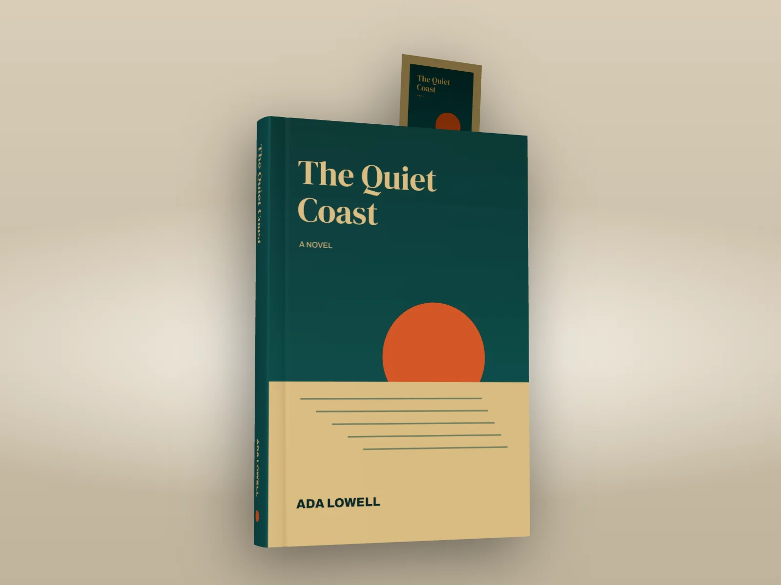 A bookmark made from the cover, a small copy of the front on sand colour, standing up out of the book