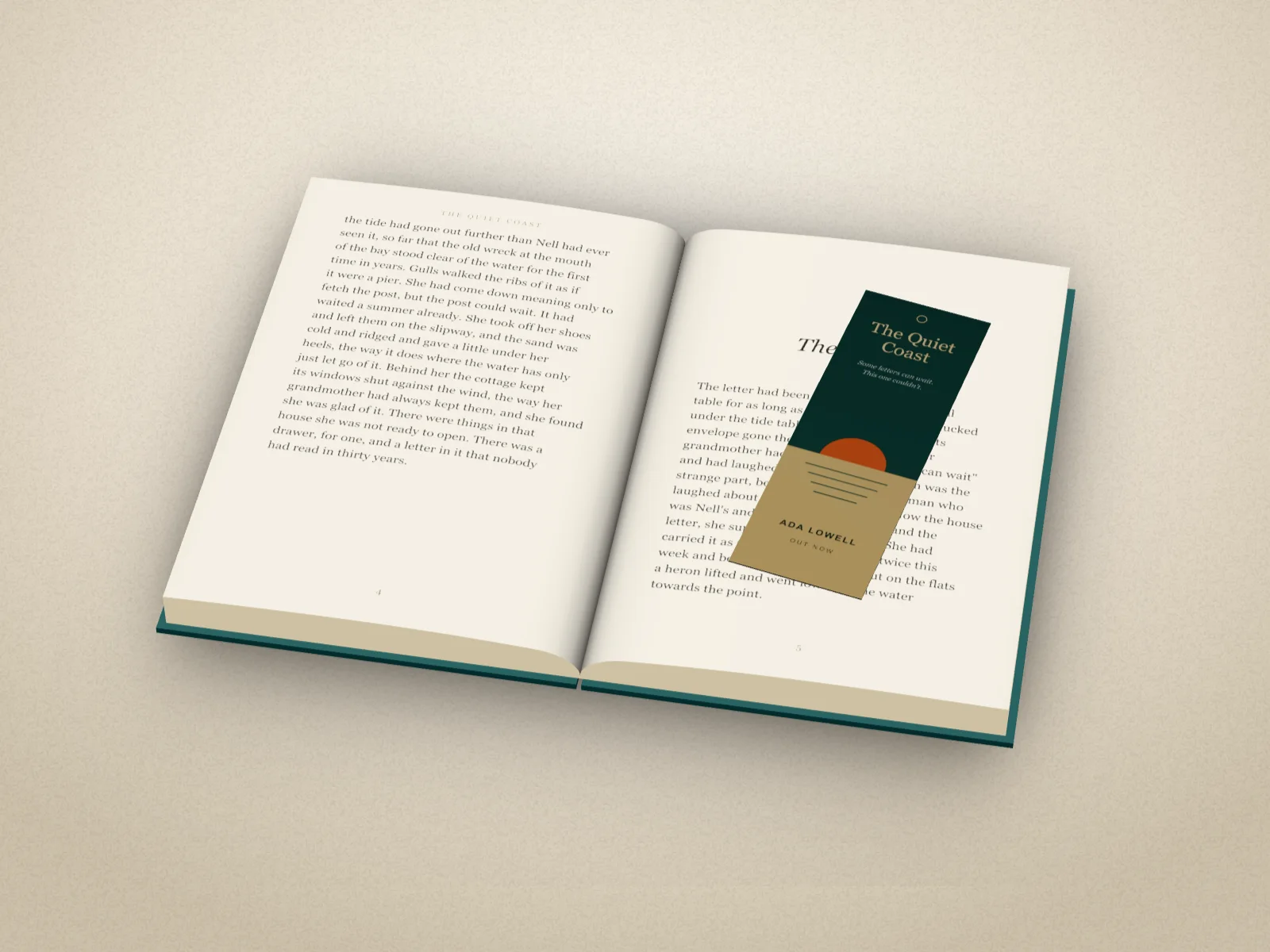 The open book with the bookmark lying across the right-hand page at an angle