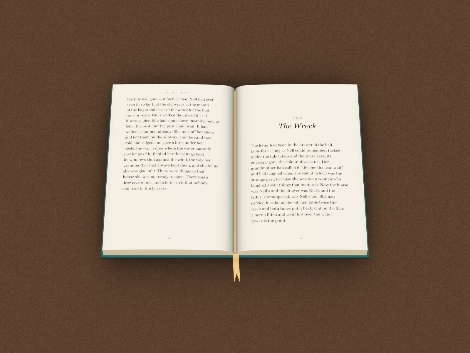 The open book from above on a dark table, a gold ribbon running down the gutter and over the edge
