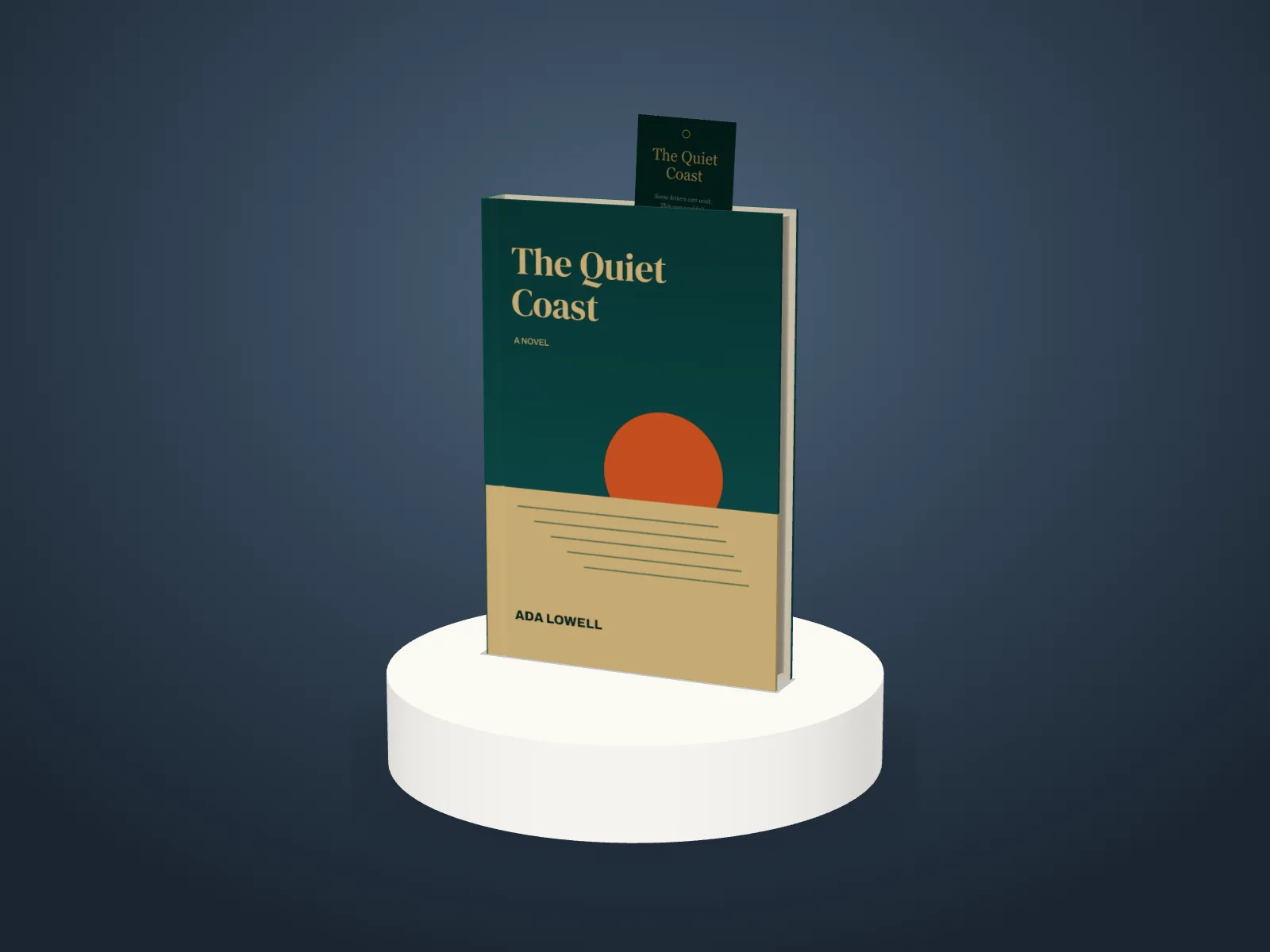 The hardback with its bookmark on a white plinth on a dark blue backdrop