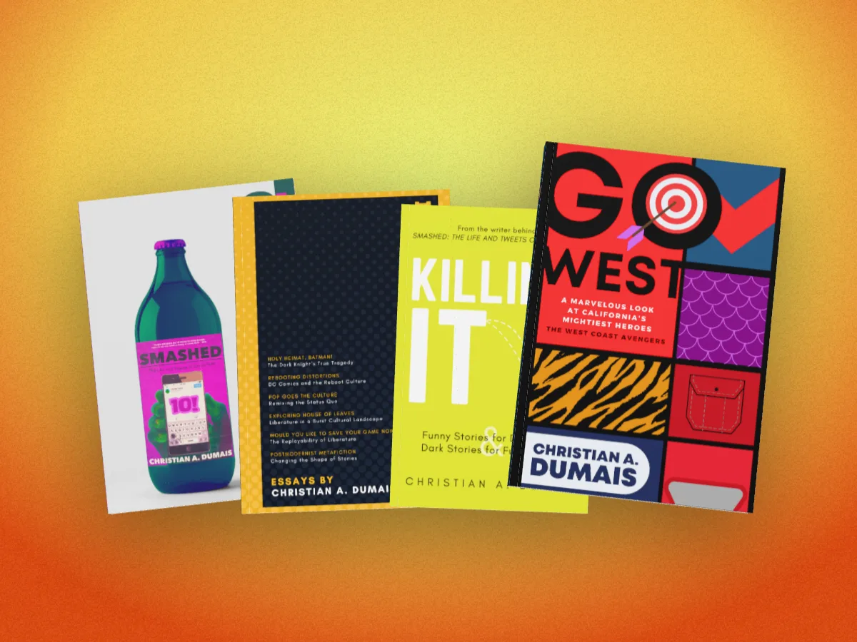 Christian A. Dumais's four books fanned like a hand of cards on an orange and yellow backdrop