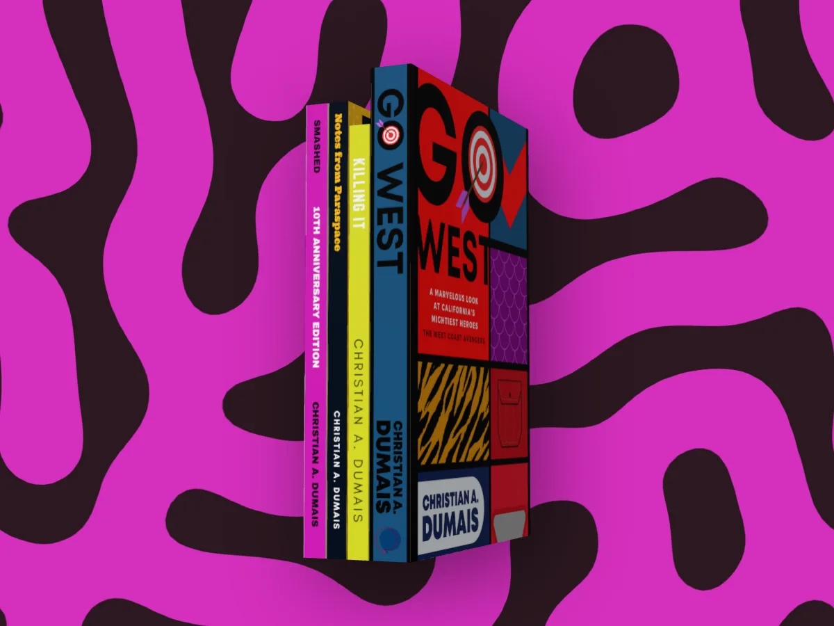 Four books standing spines out, Go West's front cover showing, on a magenta and black coral pattern