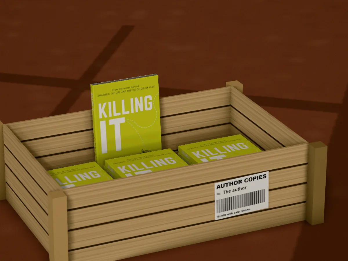 Killing It by Christian A. Dumais in a wooden crate on a rug, three copies flat and one standing up, an author copies label on the side