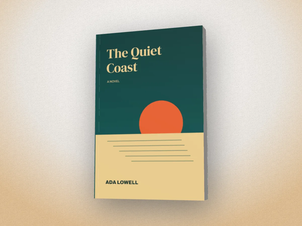 The sample book The Quiet Coast as a 3D paperback on a warm studio backdrop