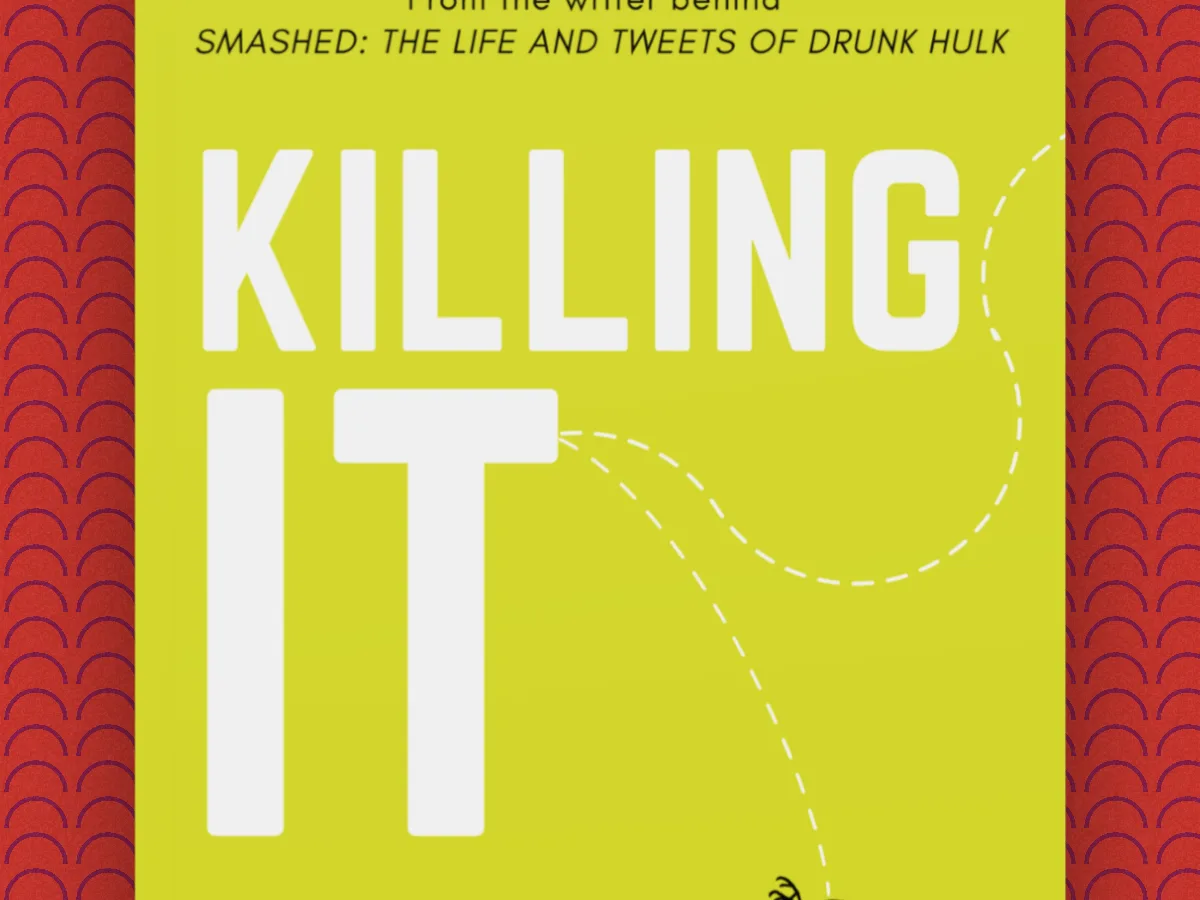 A close crop of Killing It by Christian A. Dumais straight on, the cover filling the picture and running off the bottom, on red waves