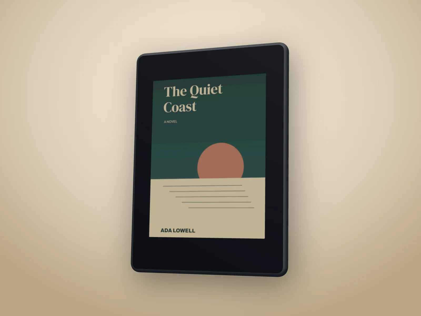 A colour e-reader showing The Quiet Coast in soft, muted colours