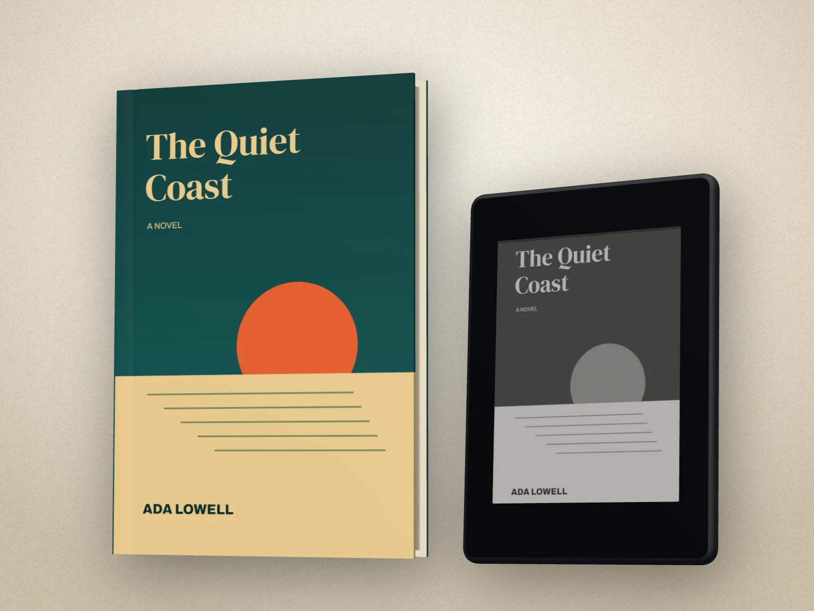 The Quiet Coast as a hardback with a black e-reader beside it showing the same cover in e-ink