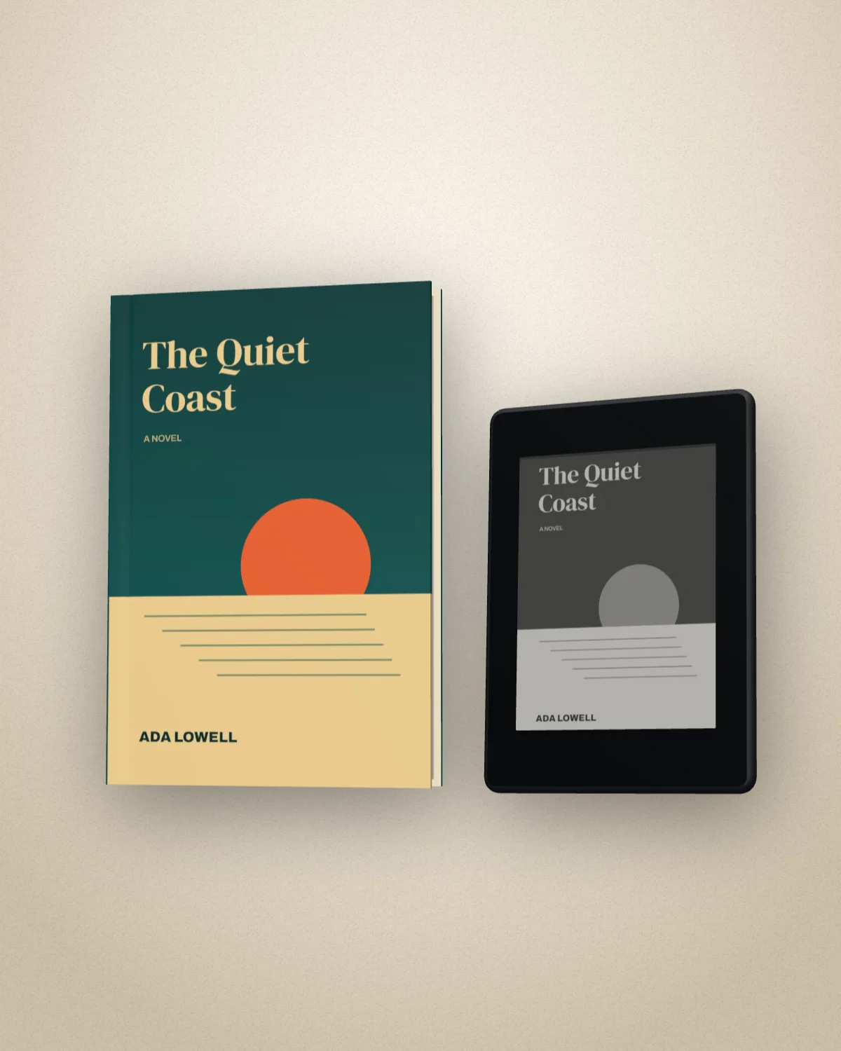 The Quiet Coast as a hardback with a black e-reader beside it showing the same cover in e-ink