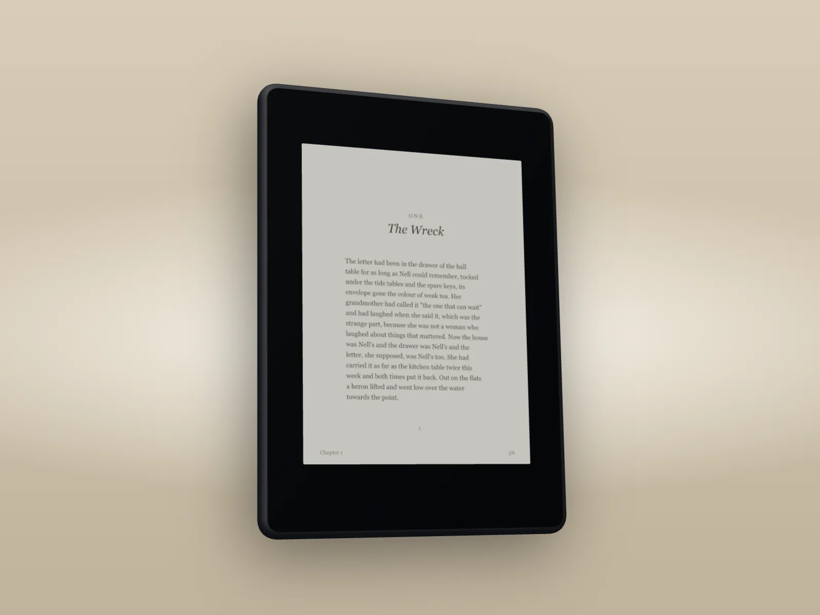 The e-reader showing chapter one of The Quiet Coast, a page of text with a reading line at the foot