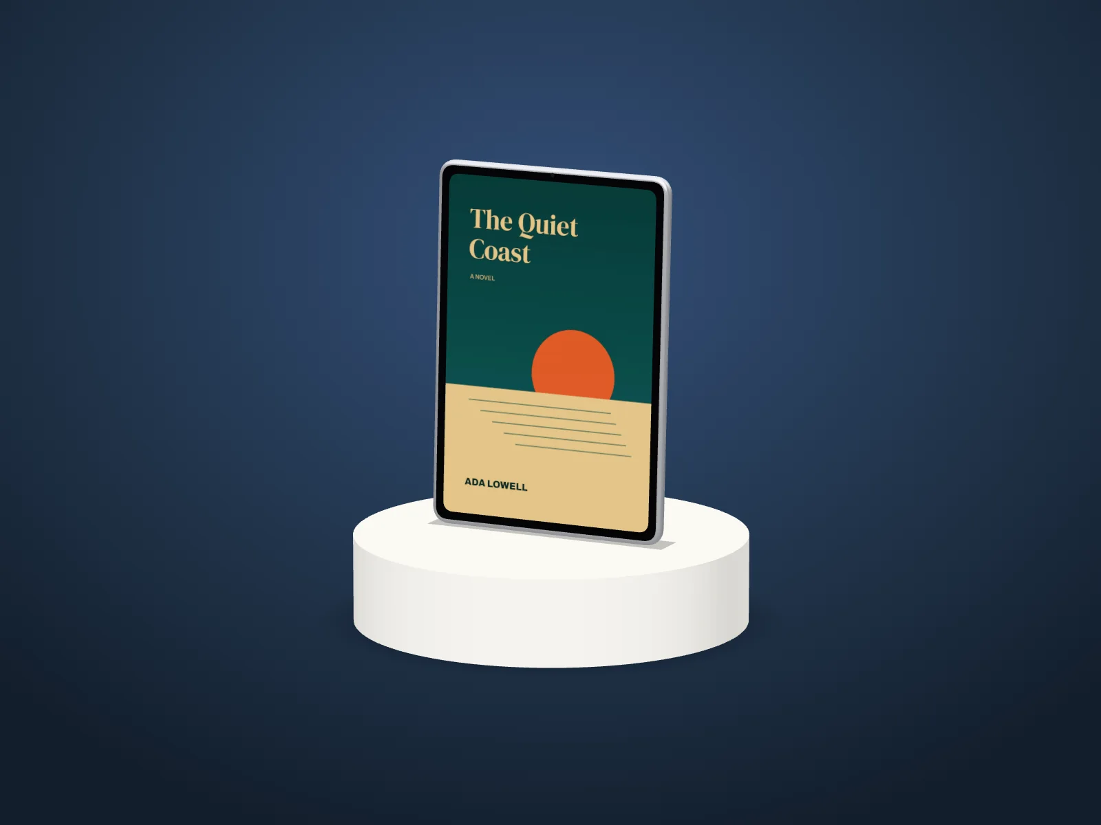 A tablet showing The Quiet Coast standing on a white round plinth on a dark blue backdrop