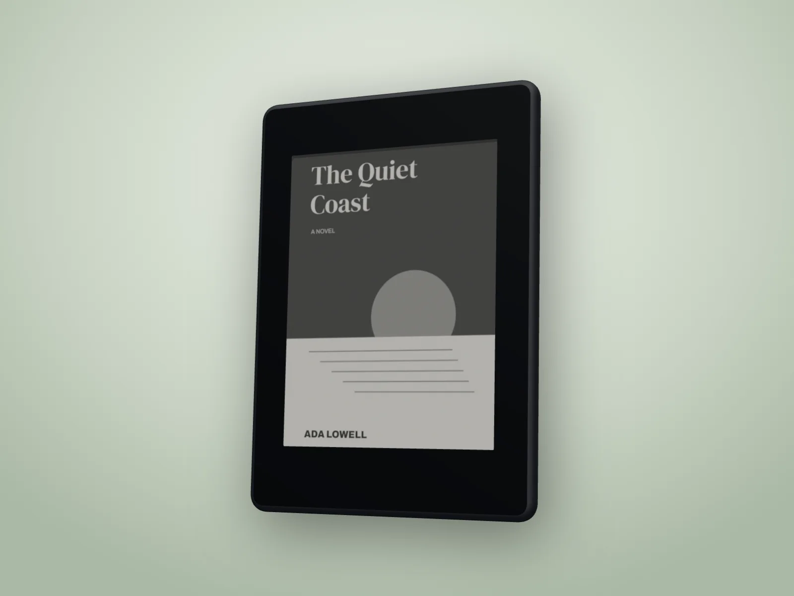 A black e-reader on its own showing The Quiet Coast in black and white e-ink, on a pale green backdrop