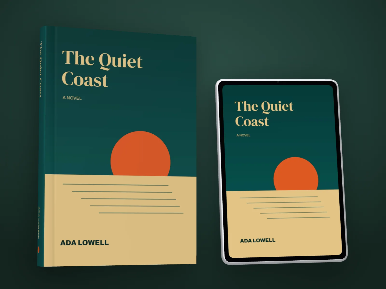The hardback beside a silver tablet showing its cover in full colour, on a dark green backdrop
