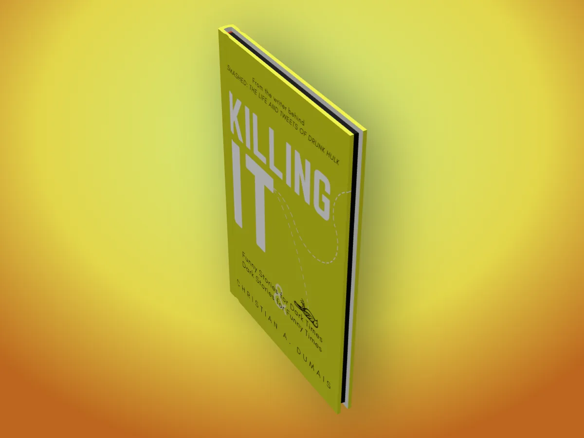 Killing It by Christian A. Dumais as a hardback with black sprayed page edges, on a yellow backdrop