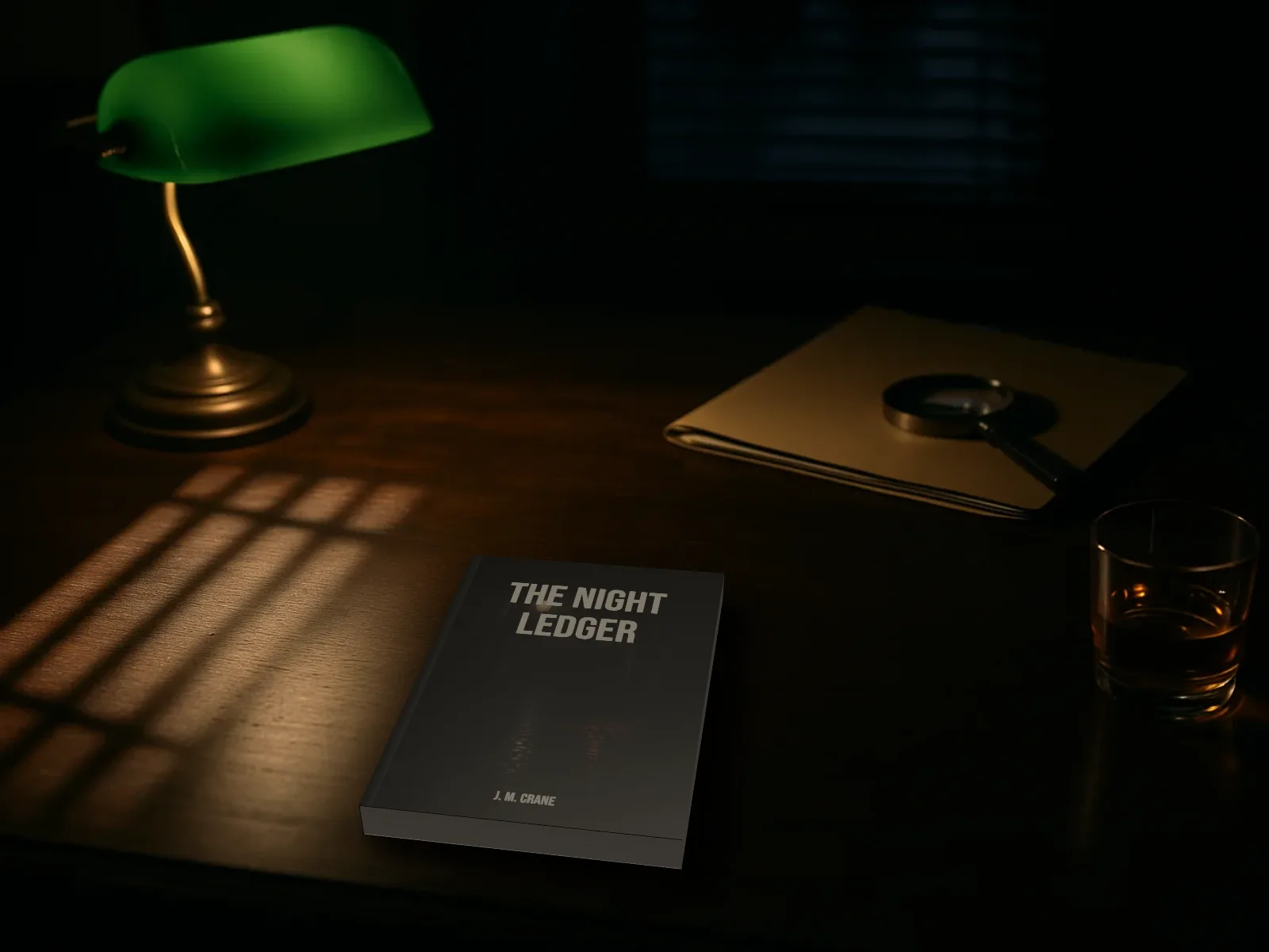 The Night Ledger, a made-up thriller, lying on a dark detective's desk under a green banker's lamp with blinds' shadows