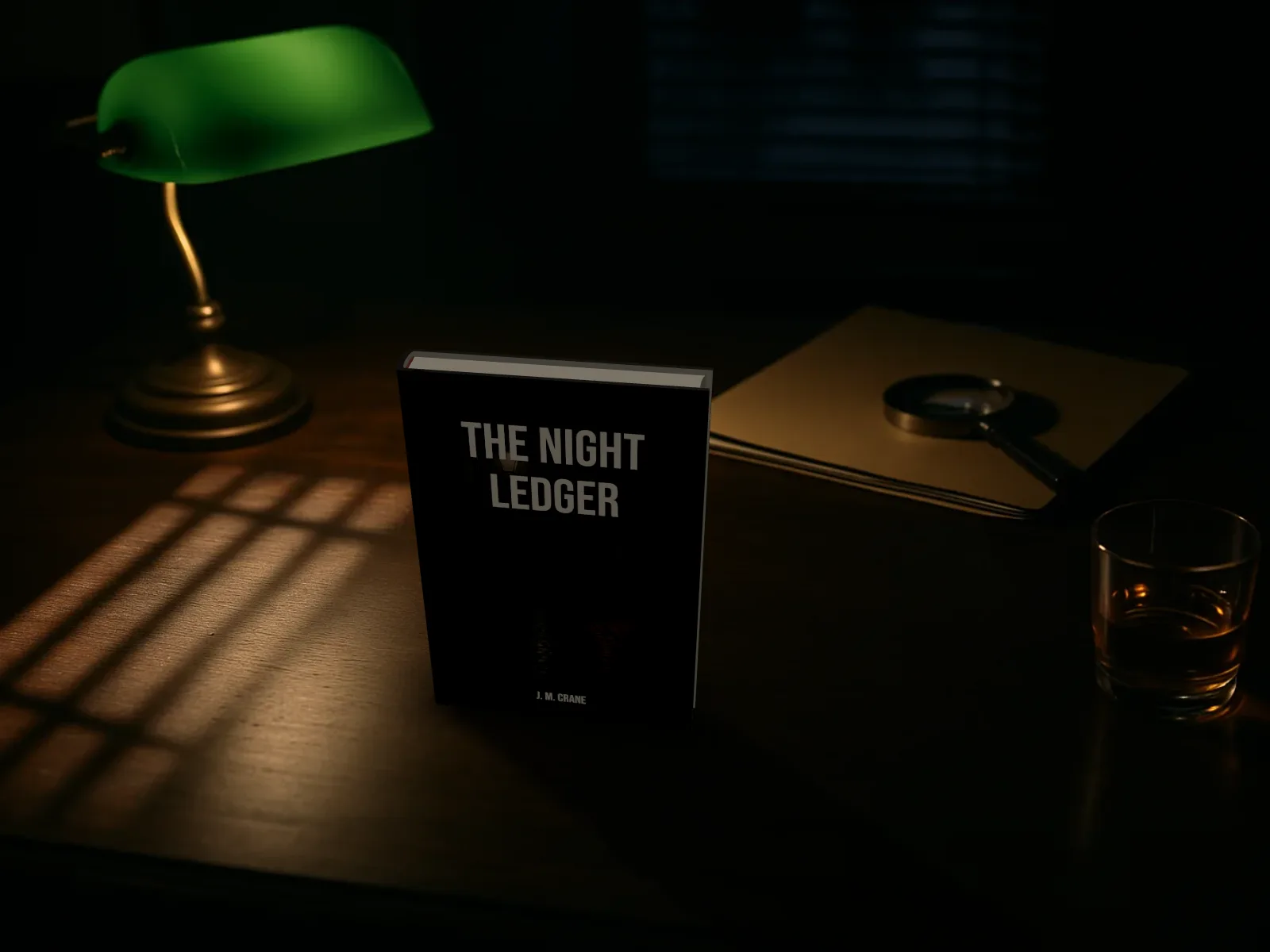 The Night Ledger as a hardback standing on a detective's desk beside a case folder