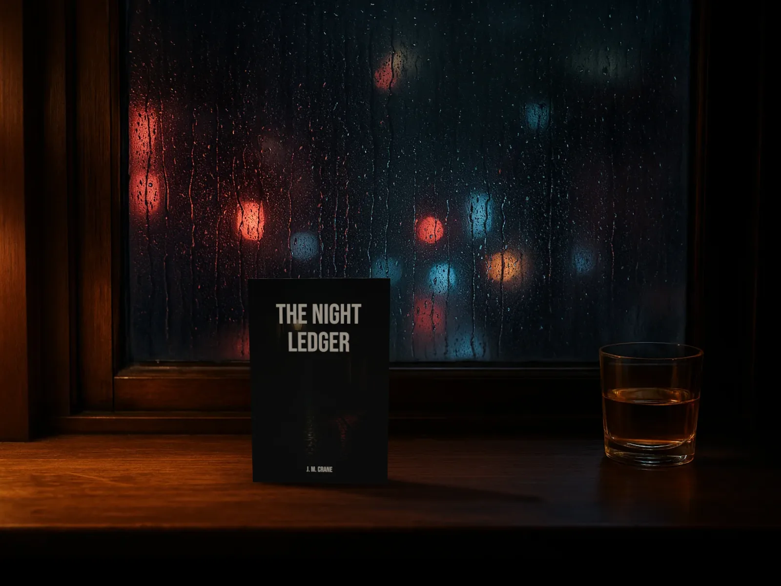 The Night Ledger standing on a wooden window ledge at night, rain on the glass and blurred red and blue lights behind
