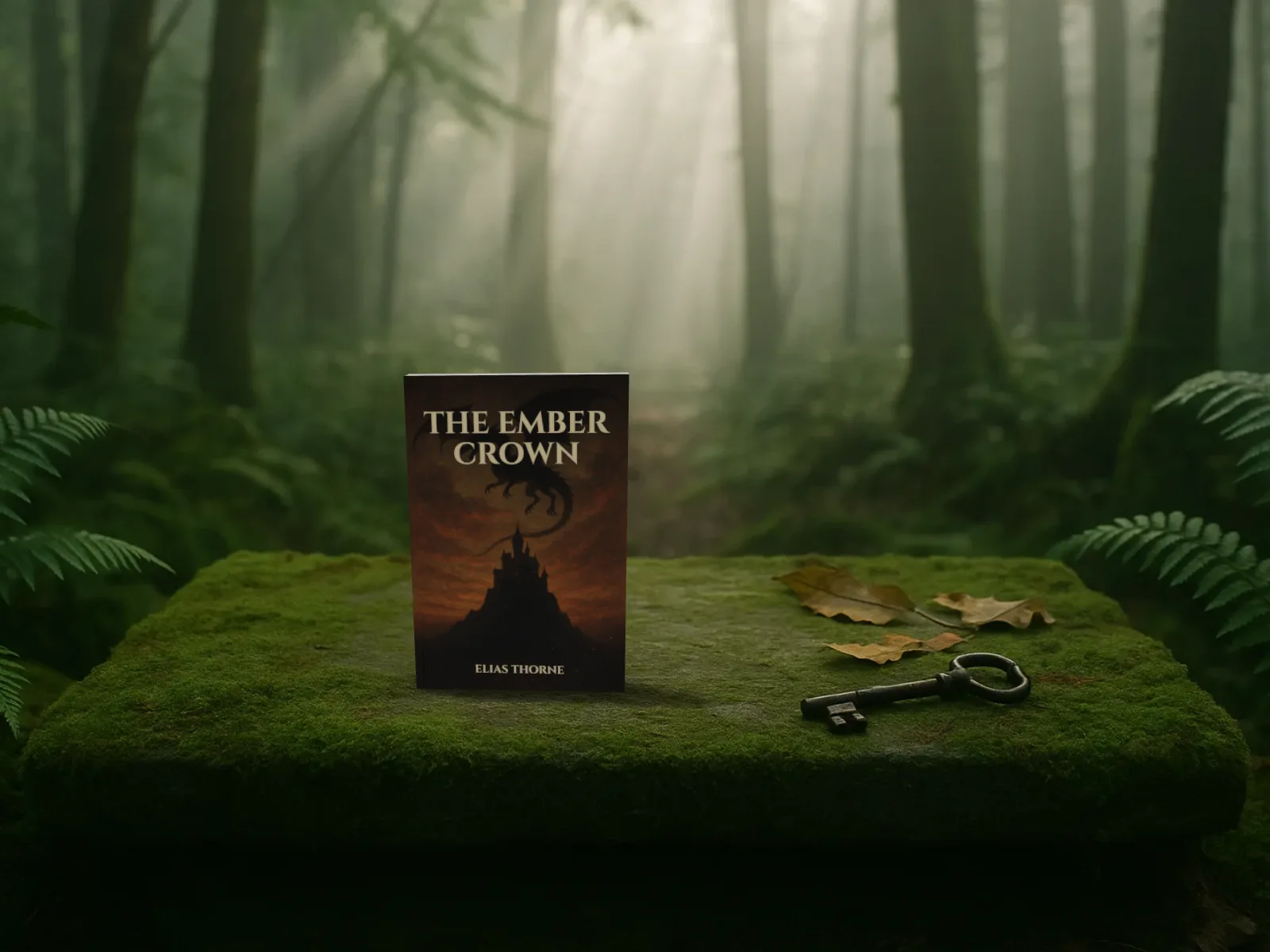 The Ember Crown standing on a mossy stone ledge in a misty forest beside an old key