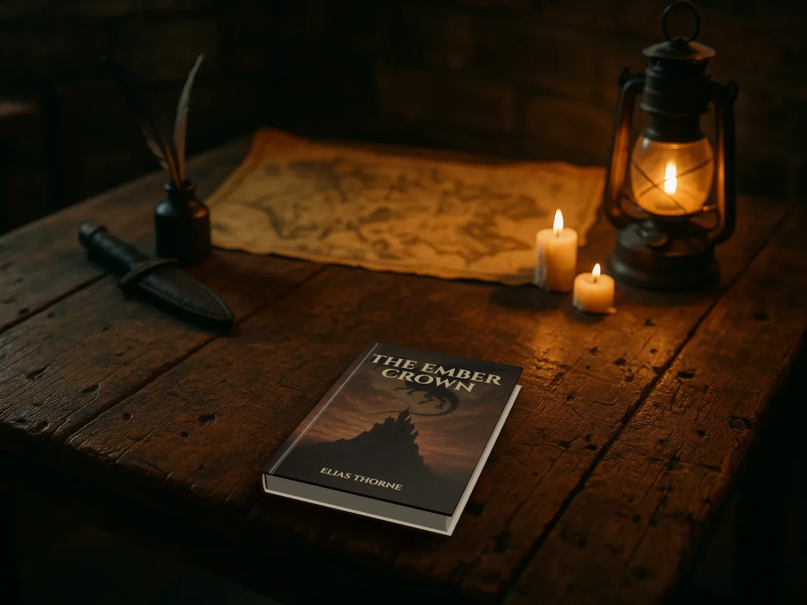 The Ember Crown, a made-up fantasy novel as a hardback, lying on a tavern table by an old map, a lantern and a dagger