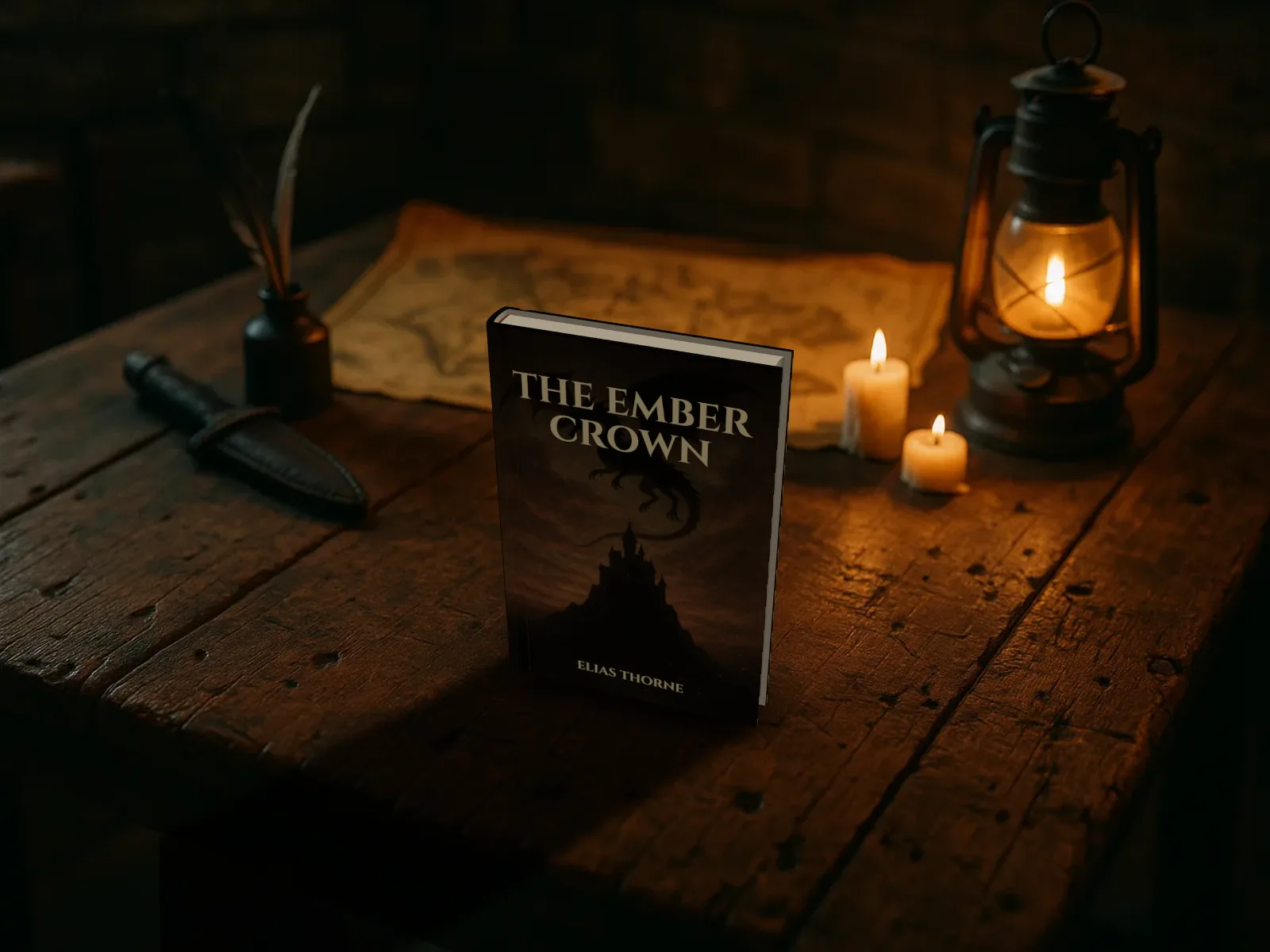 The Ember Crown in a dust jacket standing on a tavern table in lantern light
