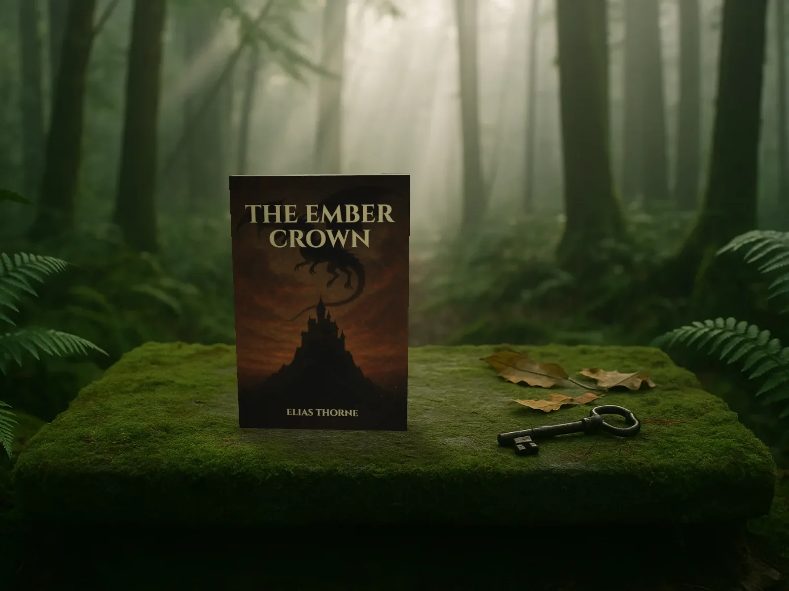 A made-up fantasy novel standing on a mossy stone in a misty forest beside an old key