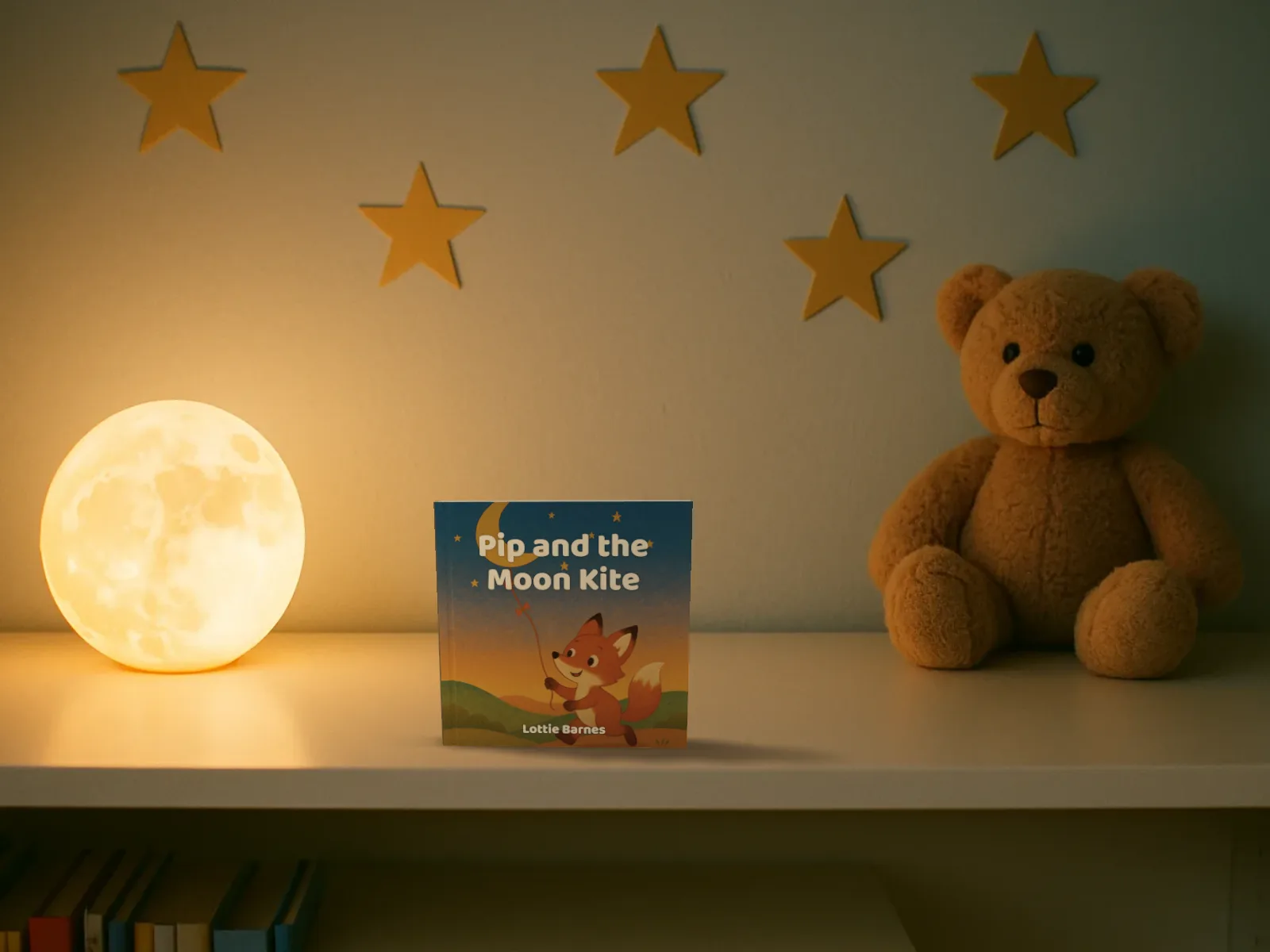 A made-up square picture book standing on a bedtime shelf by a moon night light and a teddy