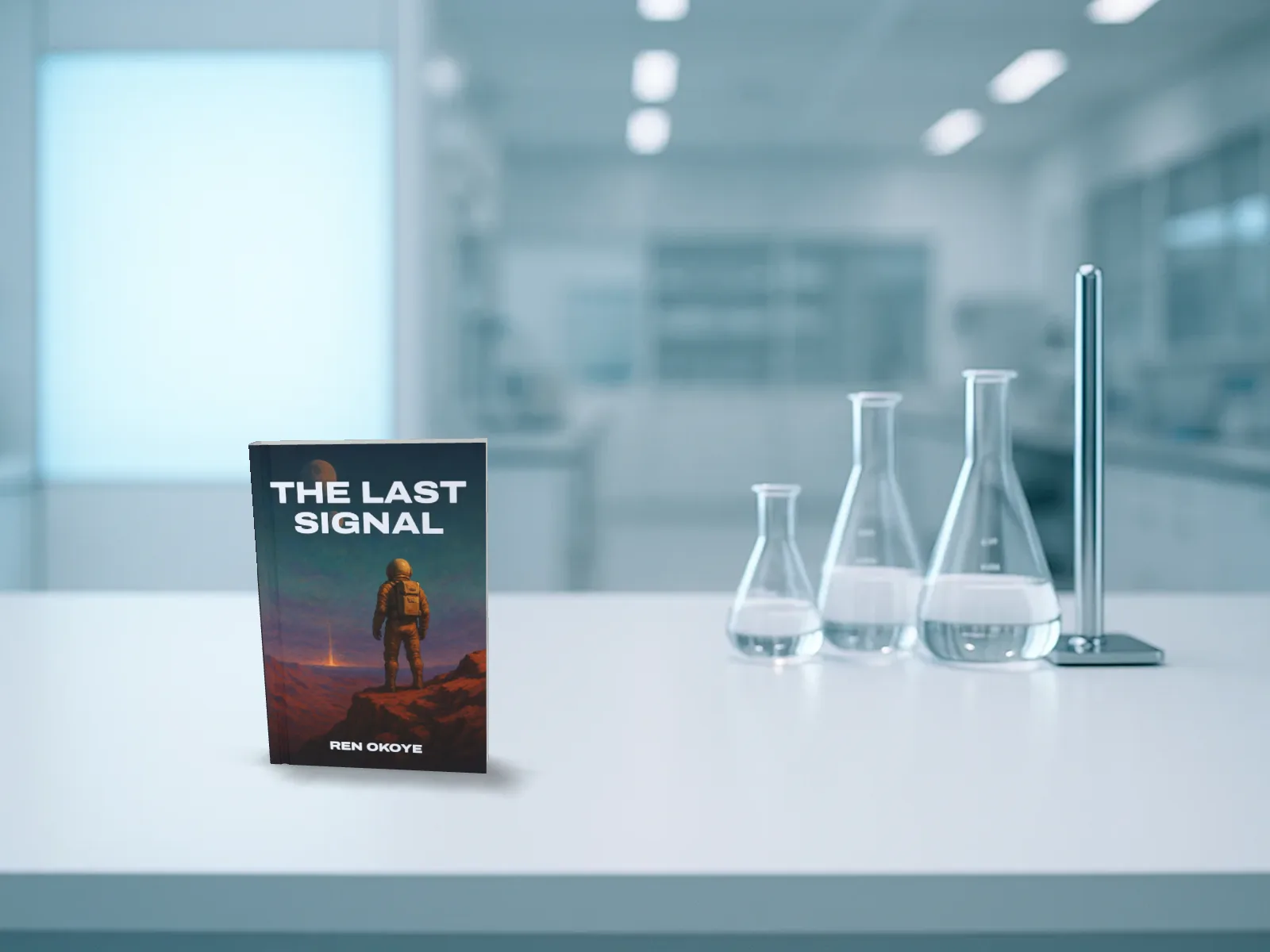 A made-up sci-fi hardback standing on a white laboratory bench beside glass flasks