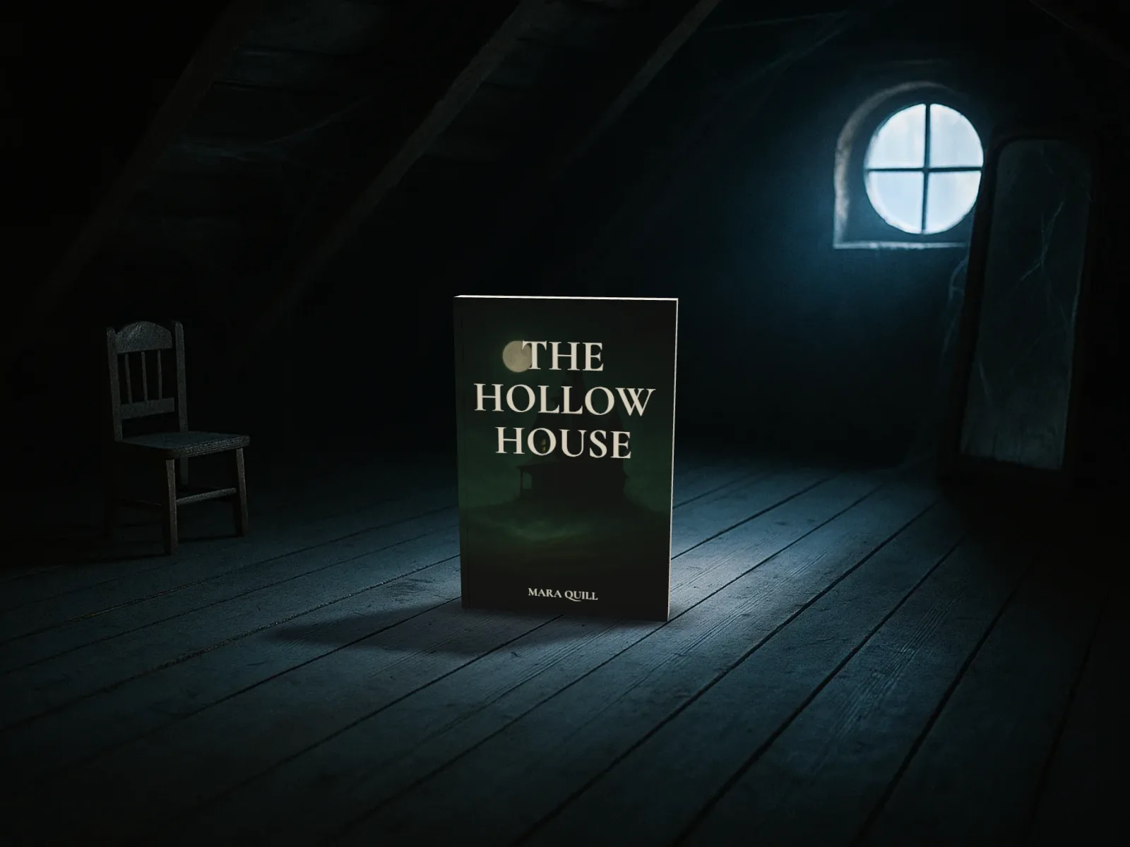 The Hollow House standing on the floorboards of a dark attic in moonlight from a round window