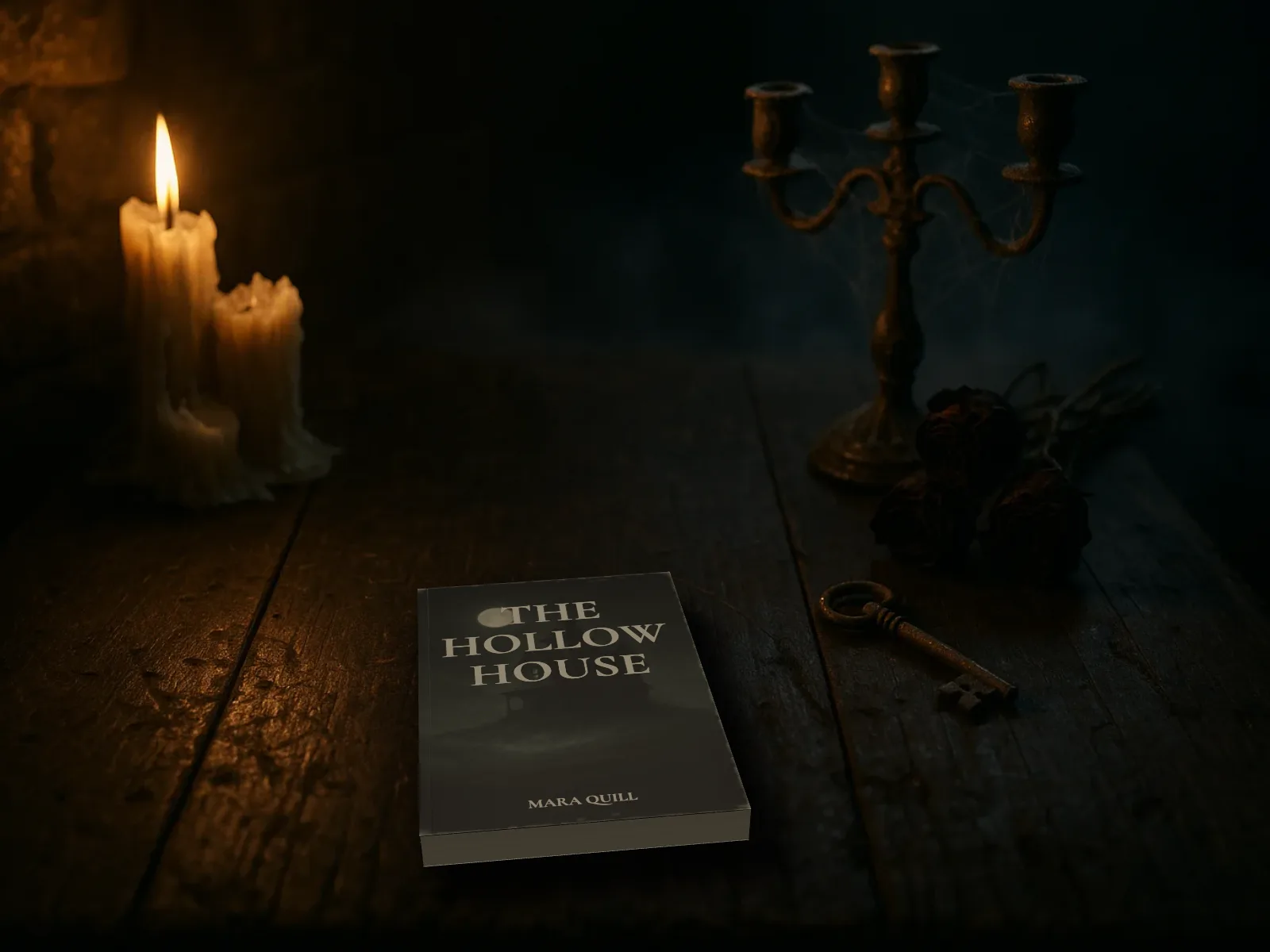 A read copy of The Hollow House lying on a candlelit oak table next to a rusty key