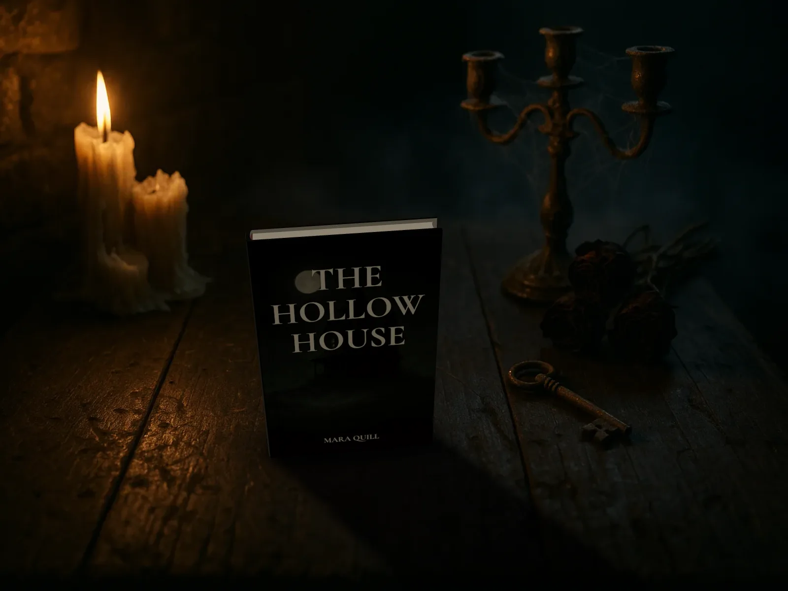 The Hollow House, a made-up horror novel in a dust jacket, standing on a dark oak table by melted candles and a rusty key