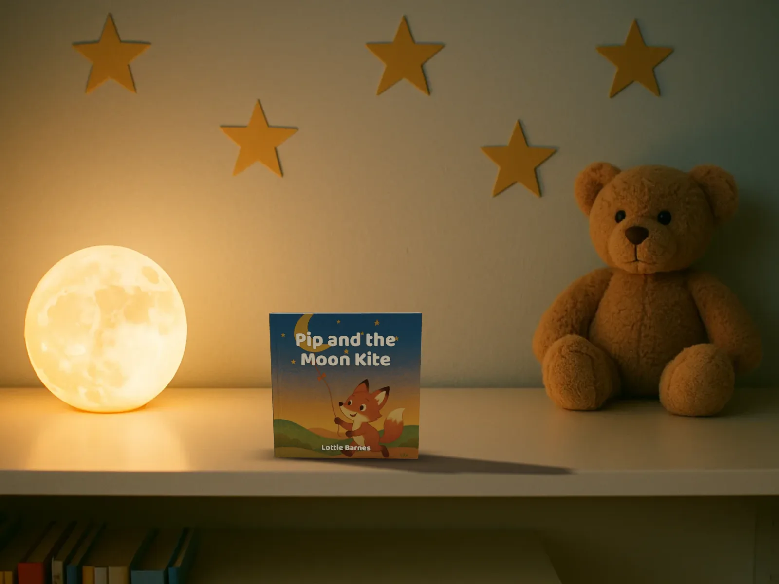 Pip and the Moon Kite standing on a white bedtime shelf between a moon night light and a teddy bear