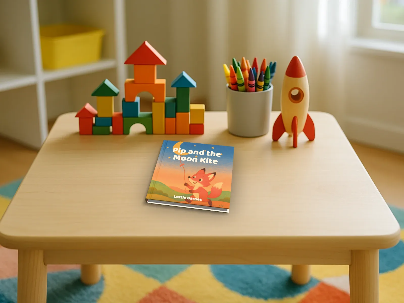 Pip and the Moon Kite, a made-up square picture book, lying on a pale wooden playroom table with blocks, crayons and a toy rocket