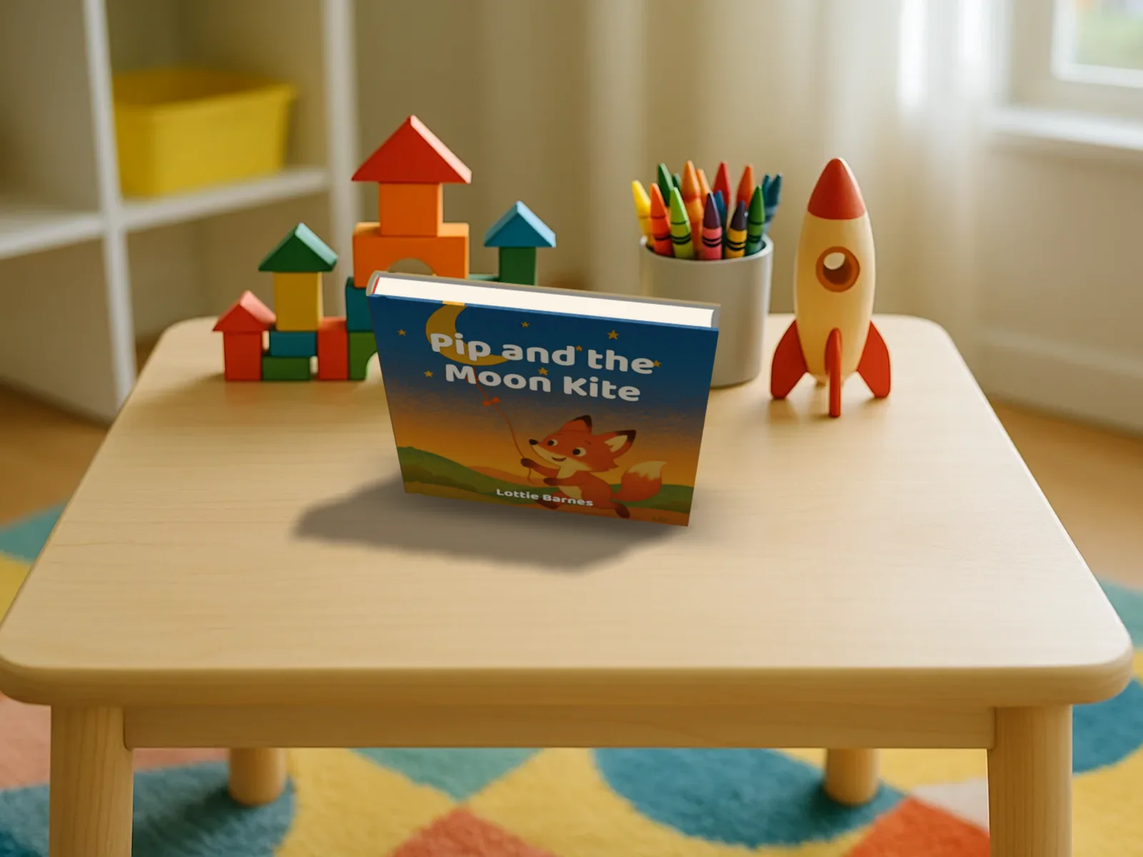 Pip and the Moon Kite standing on a playroom table in front of wooden blocks