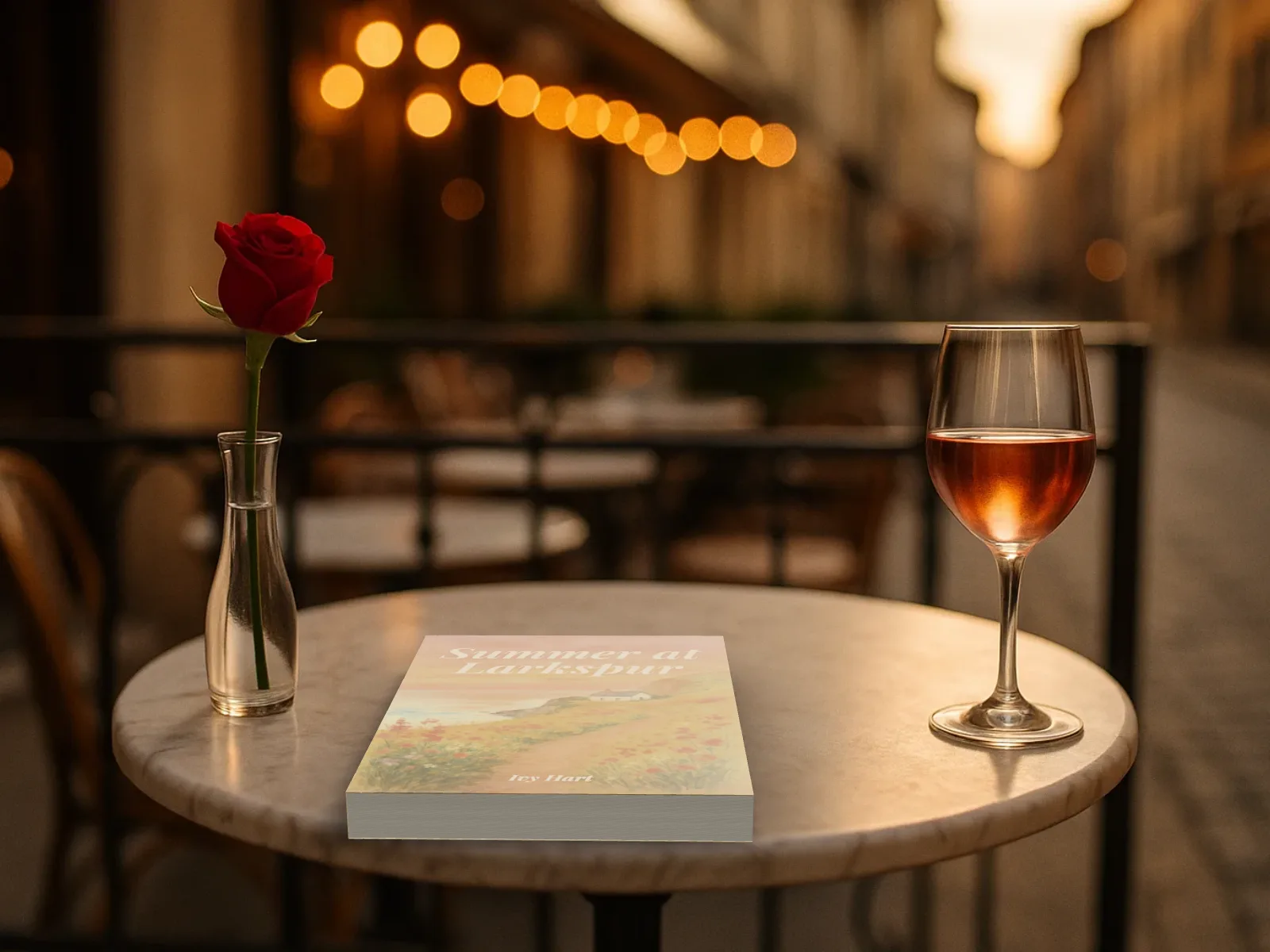 Summer at Larkspur lying on a marble bistro table under warm string lights