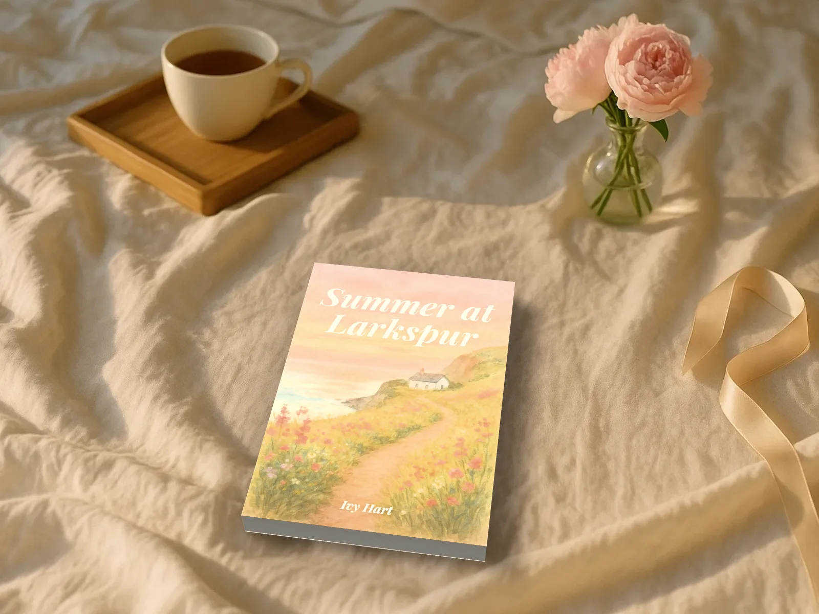 Summer at Larkspur, a made-up romance novel, lying on crumpled white linen in morning sun beside tea and peonies