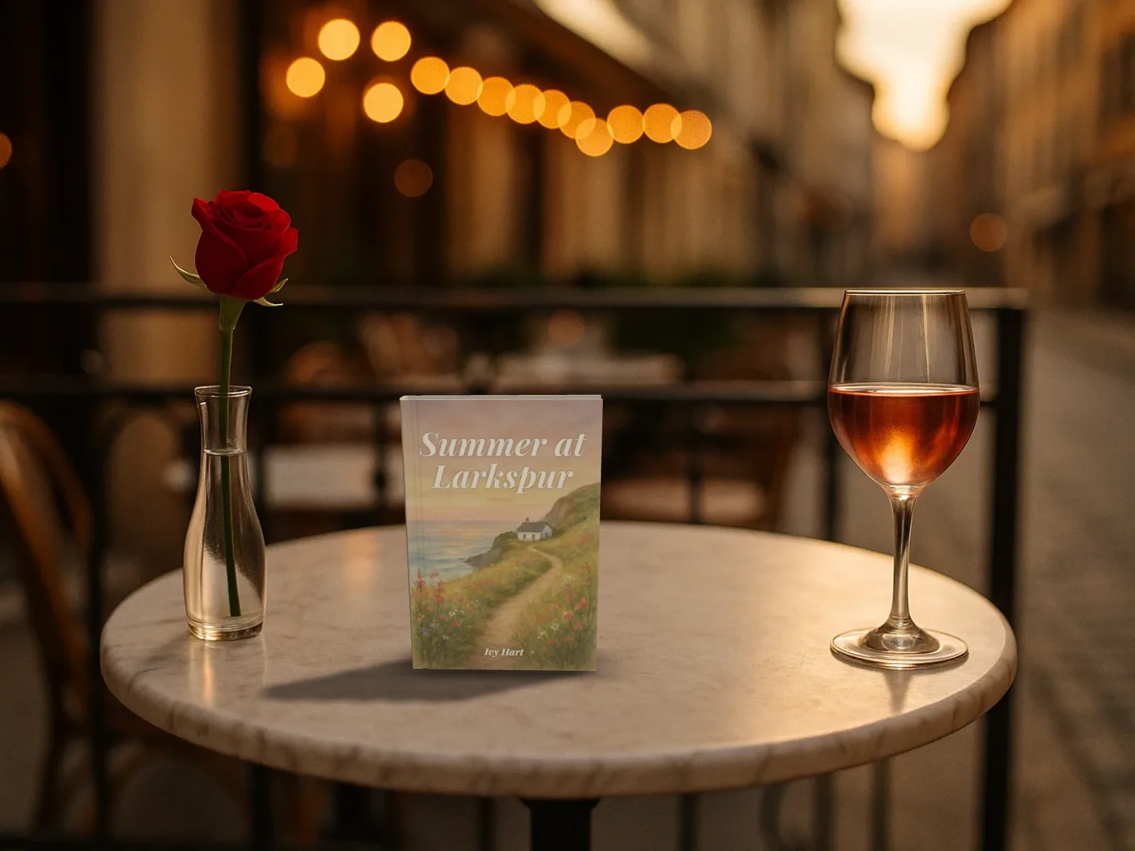 Summer at Larkspur as a hardback standing on a marble café table at golden hour beside a rose and a glass of rosé