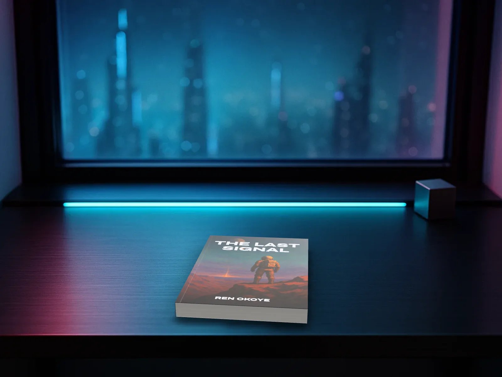 The Last Signal, a made-up science fiction novel, lying on a dark metal desk with a cyan light strip and a neon city behind