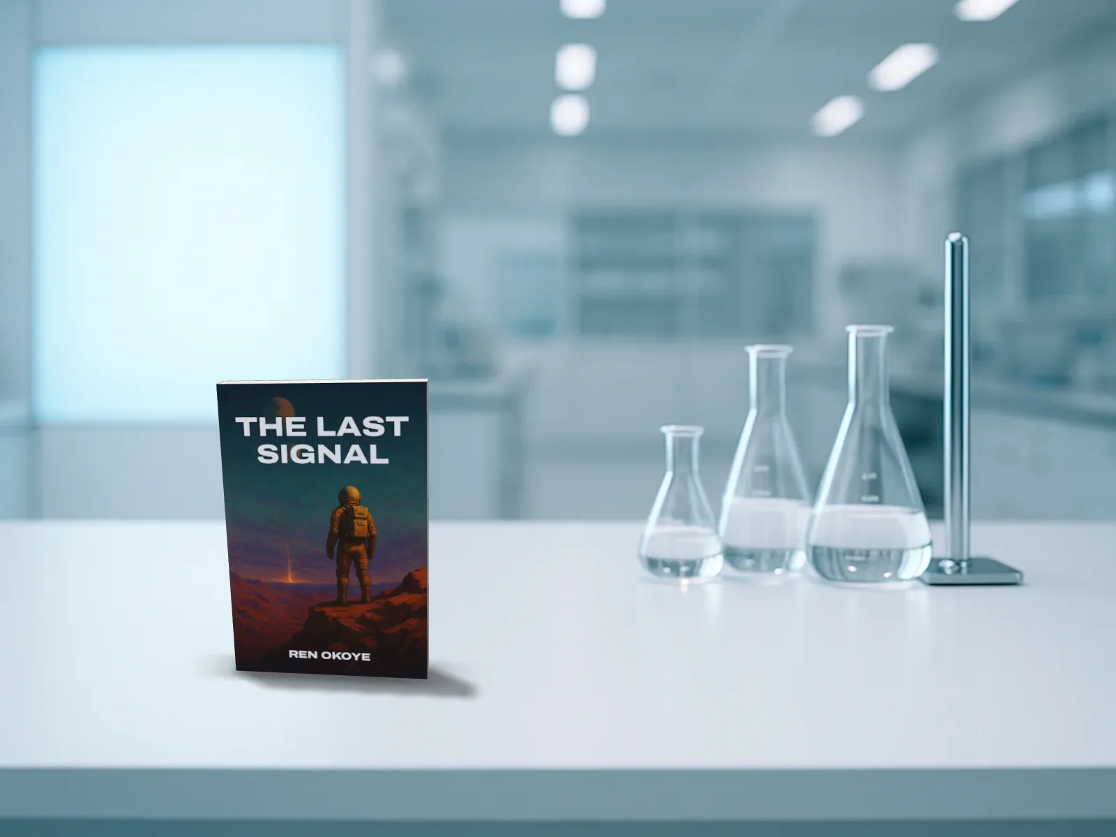 The Last Signal standing on a white laboratory bench beside glass flasks