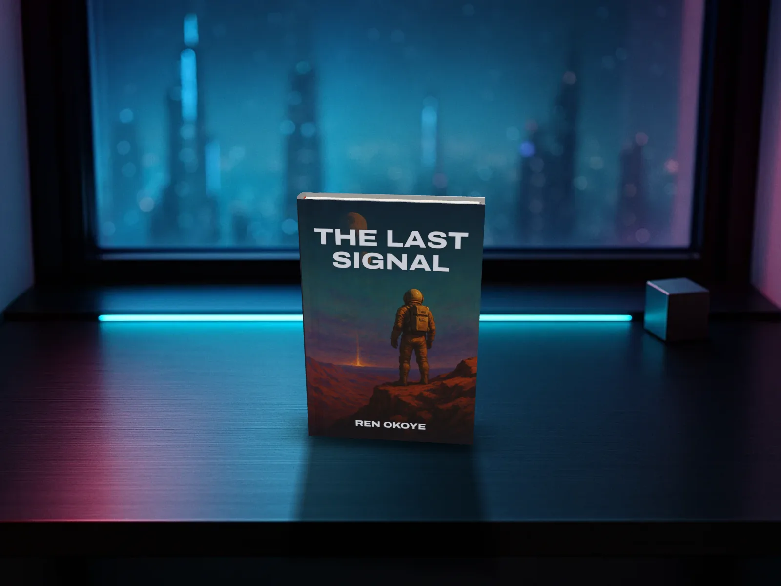The Last Signal as a hardback standing on a metal desk in front of a neon skyline