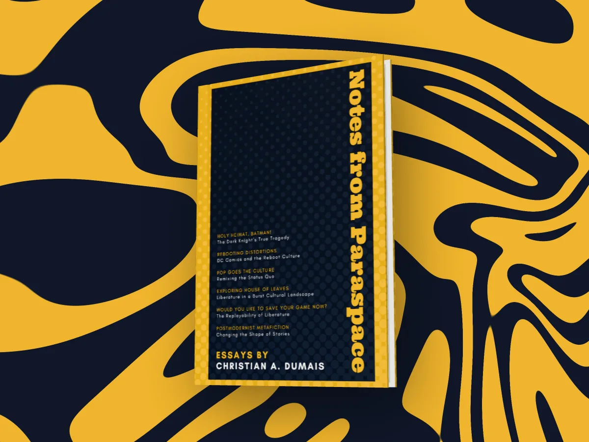 Notes from Paraspace as a 3D hardback over a navy and gold marbled backdrop