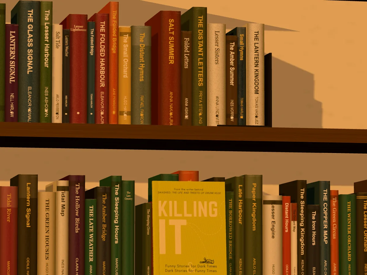 Killing It as a hardback face out on a walnut home bookshelf in warm lamp light