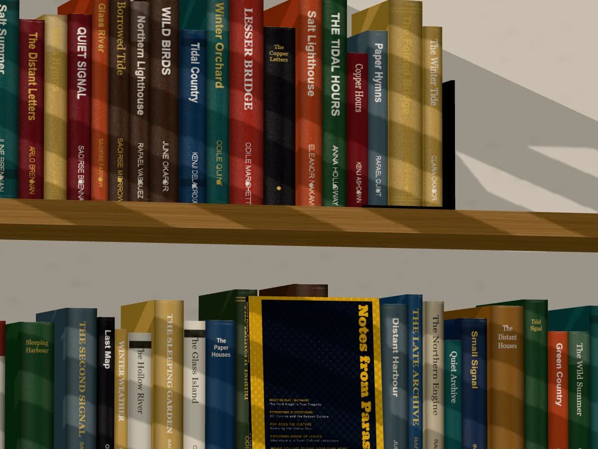 A close crop of Notes from Paraspace face out on an oak home bookshelf, daylight through blinds, the book running off the corner