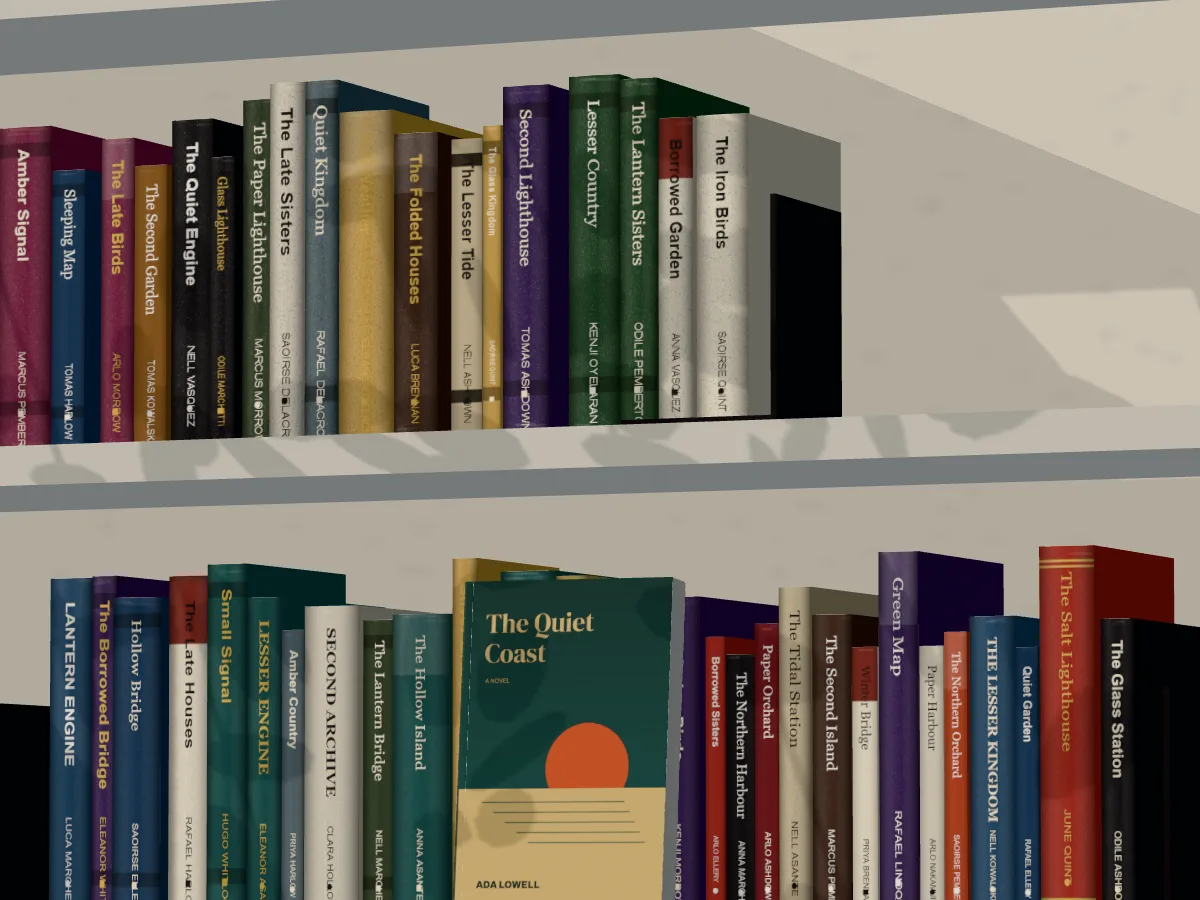 The sample book The Quiet Coast face out on a white home bookshelf, leaf shadows across the wall