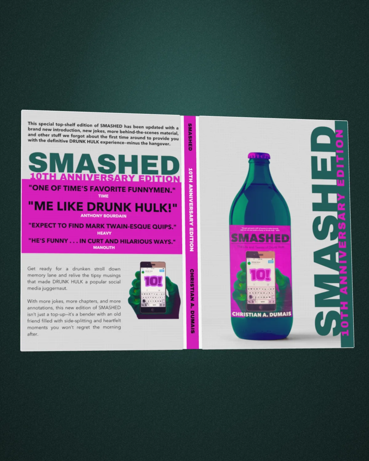 Smashed by Christian A. Dumais opened right out as a linen hardback, back cover, magenta spine and front cover in one piece, on a dark teal backdrop