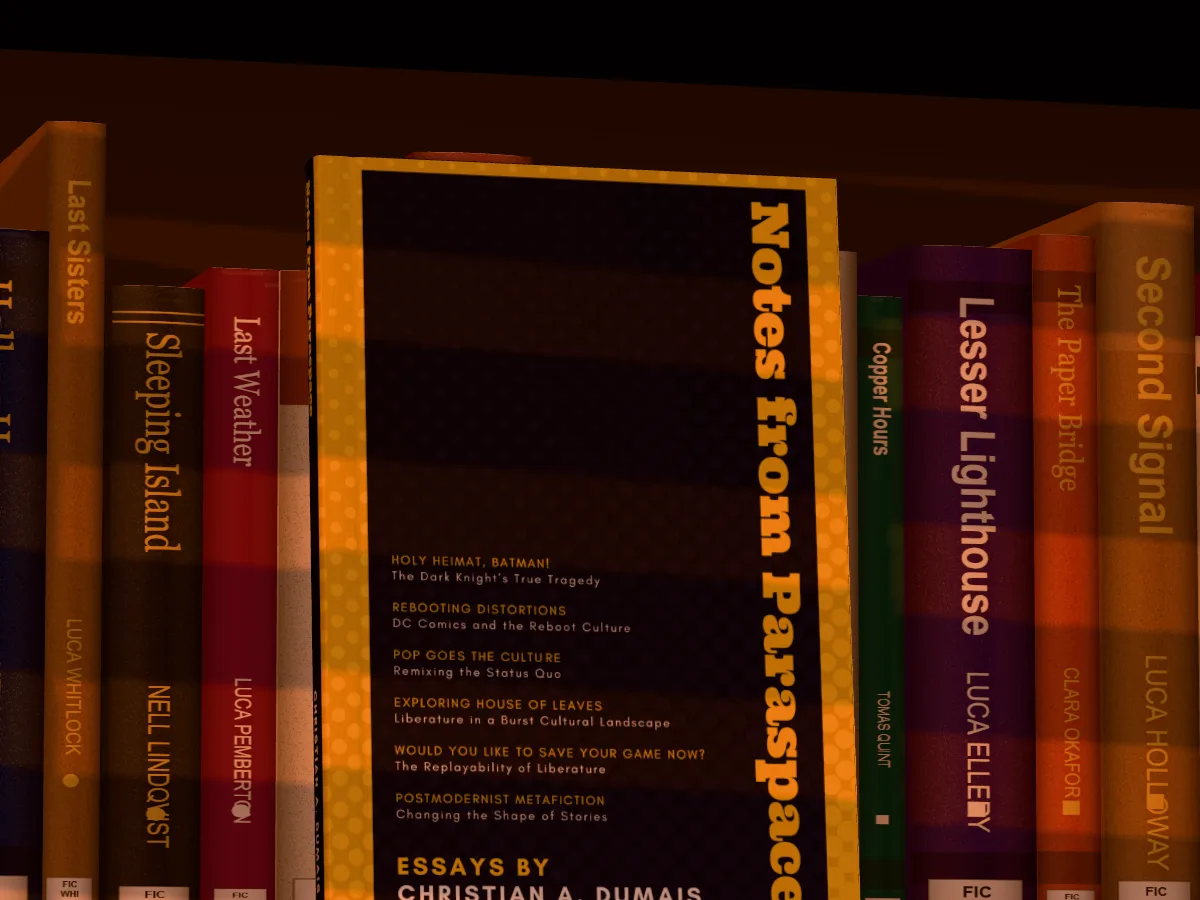 Notes from Paraspace in a dust jacket face out on a walnut library shelf, evening light through blinds striping the books