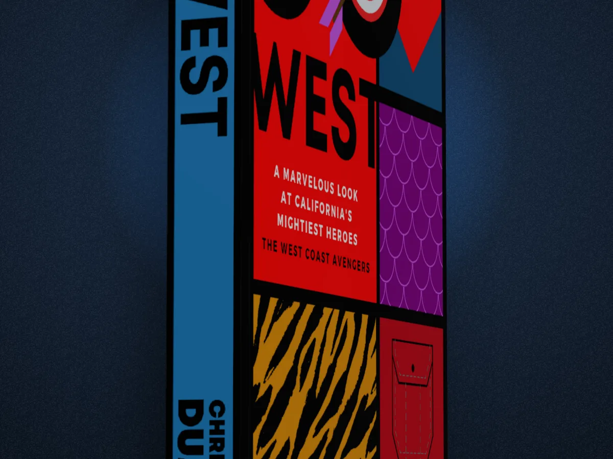A close crop of Go West's spine and the edge of its front cover against a dark navy backdrop
