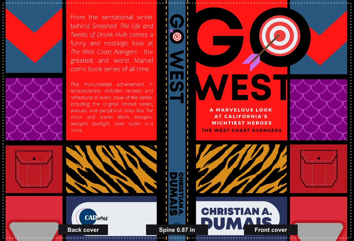 The flat Go West KDP cover file with the back cover, spine and front cover marked, and the bleed shown as a dashed line