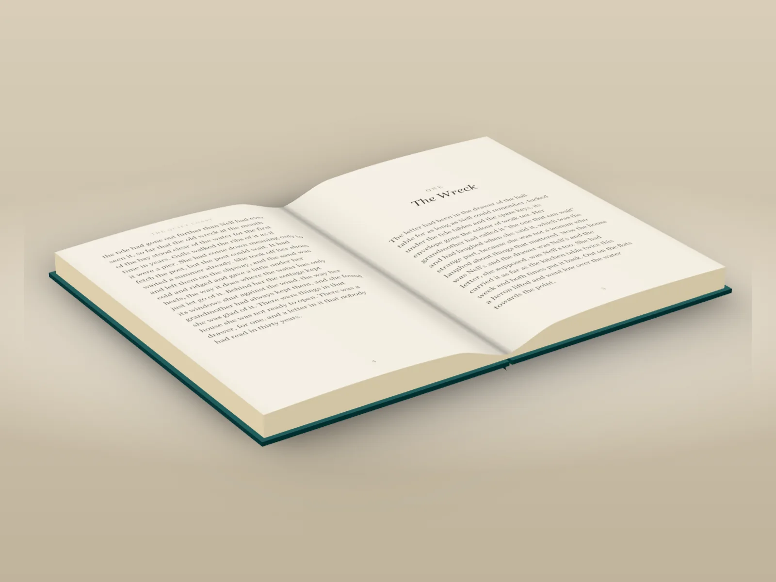 The open book turned at an angle on a pale table, the spread catching the light
